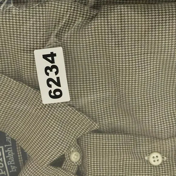 Vintage Polo Ralph Lauren Douglas Tab Shirt Mens 17 35 Brown Houndstooth 80s 90s